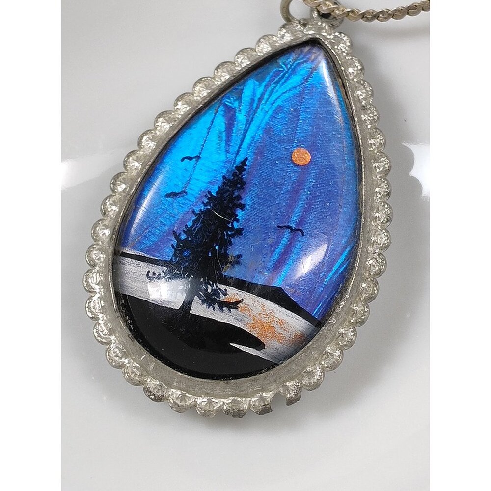 Vintage Morpho Butterfly Wing Pendant Necklace Painted Forest Palm Tree Blue - Picture 7 of 11
